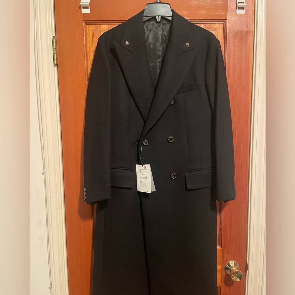 Zara Men’s Slim Fit Double Breasted Black Wool Blend Topcoat Medium NWT